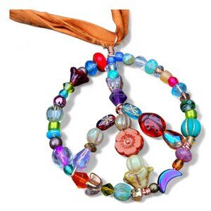 Peace sign Sari Silk Cord Czech beaded hippie boho vibe colorful necklace